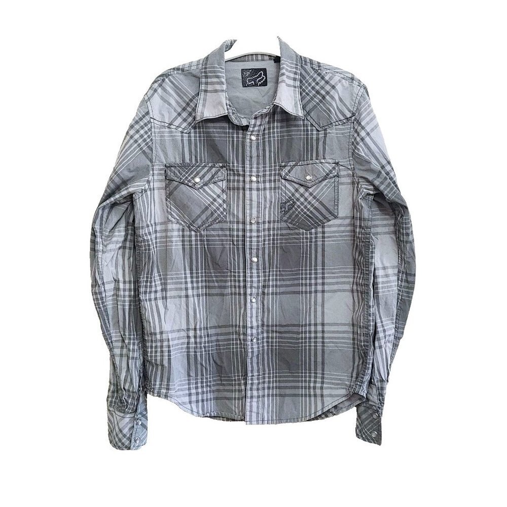 Fox Racing Western Shirt  Mens Size Medium Gray Plaid Pearl Snap Long Sleeve
